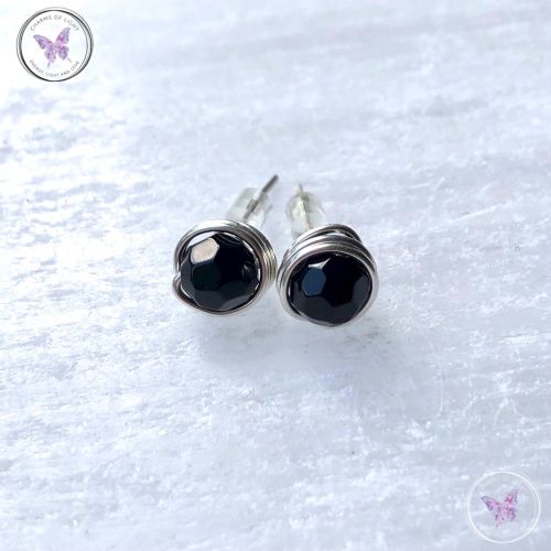 Faceted Black Onyx Silver Wire Wrap Stud Earrings